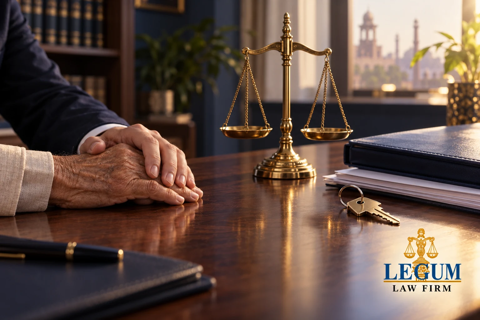 Supportive adult hands beside scales of justice, property documents and a house key, with the Legum Law Firm logo.